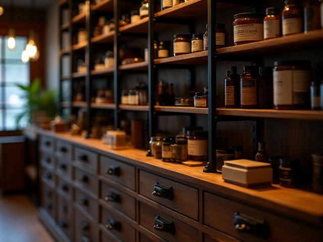 Håndlavet apotheker-reol i mørkbejdset træ og sort stål