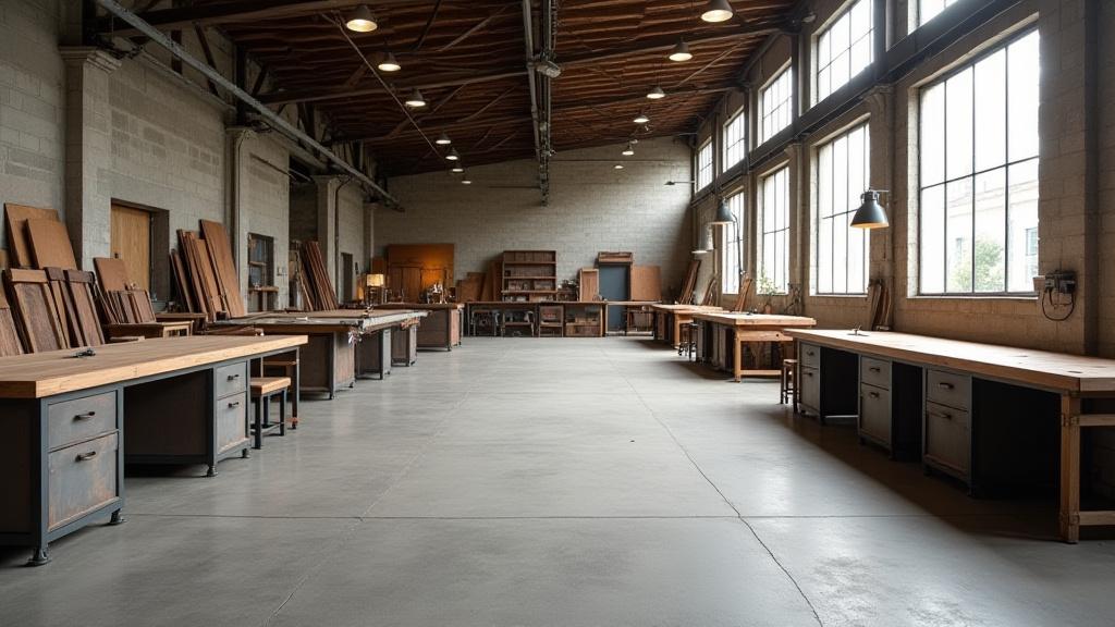 Åbent værksted med møbler i industrielt design og materialer som kobber og stål