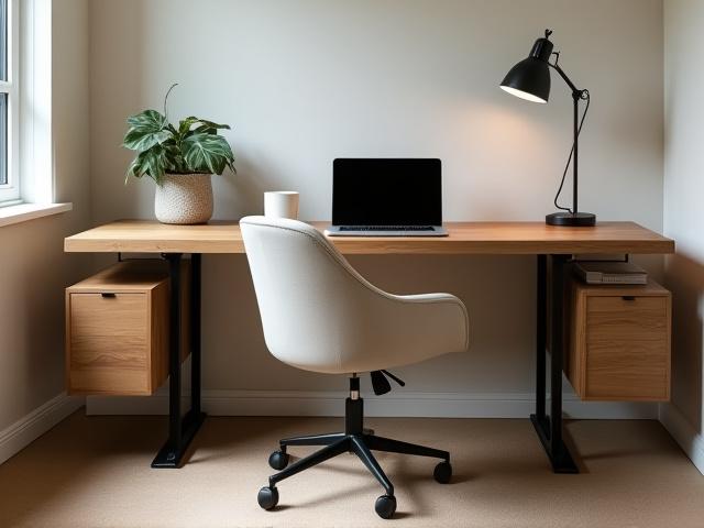 Hjemmekontorbord i massiv eg med metaldetaljer og lænestol