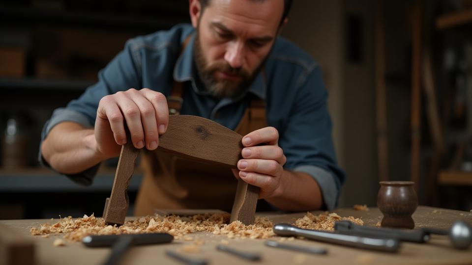 Håndværker reparerer gammelt træmøbel i værksted