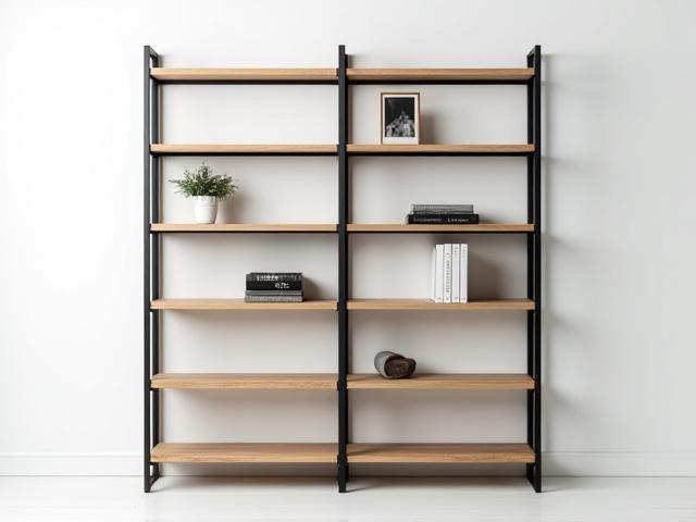 Industrielt reolsystem i sort stål og lyse træhylder