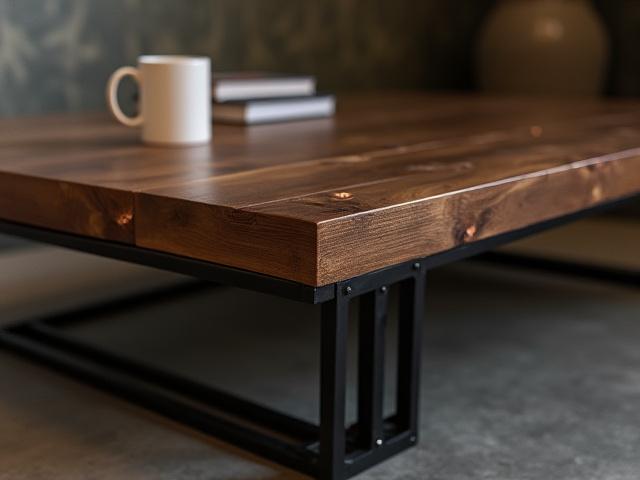 Sofabord i mørkt træ og kobberdetaljer